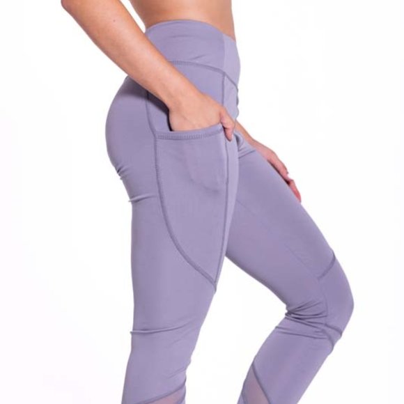 High-Waisted & Mash Panel Gym and Yoga Leggings with Side Pockets Royal Grey - Picture 2 of 7
